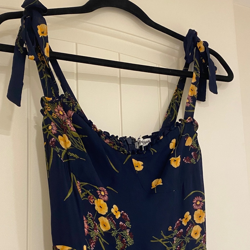 Reformation Floral Tie-Strap Midi Dress Navy Yellow Rose Nikita Size 0 - Picture 5 of 9